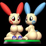 anthro black_background blue_eyes breast_grab breasts duo female grass hand_on_breast plant pokeball pose presenting raised_tail red_eyes short_stack simple_background smile tail yellow_body nonotoys nintendo pokemon generation_3_pokemon minun plusle pokemon_(species) 1:1 3d_(artwork) digital_media_(artwork) hi_res pinup