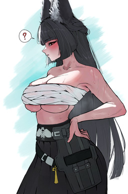 bangs bare_shoulders belt big_breasts black_bottomwear black_clothing black_hair black_skirt blunt_bangs blush bodily_fluids bottomwear breast_squish breasts chest_wraps cleavage clothed clothing excessive_sweat female glistening glistening_body glistening_skin hair hand_on_hip inner_ear_fluff long_hair looking_at_viewer pleated_skirt pouch_(clothing) question_mark red_eyes shirtless shirtless_female shirtless_humanoid side_view simple_background skirt solo speech_bubble squish sweat sweaty_body sweaty_skin tuft under_boob wet wet_body wet_skin white_background wide_hips wraps urellur mihoyo zenless_zone_zero hoshimi_miyabi animal_humanoid canid canid_humanoid canine canine_humanoid fox_humanoid humanoid mammal mammal_humanoid thiren absurd_res digital_drawing_(artwork) digital_media_(artwork) hi_res