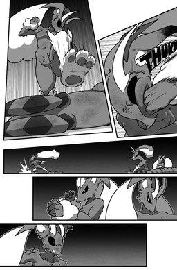 ambiguous_feral ambiguous_gender angry anthro biped black_sclera breasts bunny_costume clothed clothed_feral clothing costume defeated featureless_breasts featureless_crotch female female_anthro feral fight lying on_ground on_side onomatopoeia punch quadruped sound_effects stomping text wounded cuchuflin nintendo pokemon arthropod generation_4_pokemon generation_5_pokemon lopunny myriapod pokemon_(species) scolipede 2026 absurd_res comic digital_drawing_(artwork) digital_media_(artwork) greyscale hi_res monochrome male_(lore)