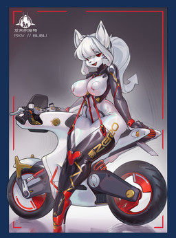 anthro binder_(restraint) bondage_gear bound breasts clothing directional_arrow eyebrow_through_hair eyebrows female footwear fur garter_straps glistening glistening_breasts glistening_clothing glistening_latex glistening_thighs hair high_heels latex latex_clothing latex_skinsuit leaning leaning_backward legbinder legs_tied legwear logo looking_at_viewer motorcycle nipple_outline open_mouth red_eyes restraints seam_(sewing) shoes skindentation skinsuit solo straps text text_on_clothing text_on_latex thigh_highs tight_clothing tongue translucent translucent_hair vehicle white_body white_fur white_hair shanher canid canine fox mammal chinese_text english_text hi_res