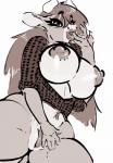 anthro big_breasts bottomless breasts clothed clothing female genitals horn looking_at_viewer makeup nipples pussy smile solo thick_thighs slavedemorto melony_(slavedemorto) bovid bovine cattle mammal greyscale hi_res monochrome