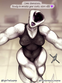 ambiguous_gender breasts bulge cheeky clothed clothing commander_eight cybernetics eighttheexophile gynomorph heart_symbol intersex looking_at_viewer machine nipples not_furry partially_clothed pose science_fiction simple_background solo standing tail teasing text tongue tongue_out white_body transentience alien alien_humanoid cyborg humanoid bust_portrait digital_media_(artwork) english_text hi_res pinup portrait female_(lore)