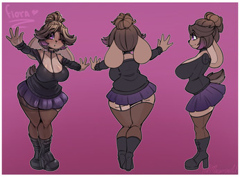 anthro belly big_breasts black_boots black_clothing black_footwear blouse boots border breasts brown_body brown_fur brown_hair clothing collar dress female footwear fur hair happy high_heeled_boots high_heels legwear neckline one_eye_closed purple_clothing purple_dress purple_eyes shoes short_hair solo stockings thigh_highs topwear white_border wink macarroni fiora_(melleacomic) lagomorph leporid mammal rabbit hi_res model_sheet