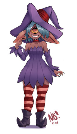 5_fingers biped black_claws blue_hair boots brown_body brown_ears brown_skin choker claws clothing dress eyebrows eyelashes female fingers footwear hair hat headgear headwear humanoid_pointy_ears jewelry legwear lips long_ears magic_user necklace not_furry pink_eyes pointy_ears pupils shoes simple_background sleeves slit_pupils smile solo stockings teeth thigh_highs white_background witch witch_hat yellow_sclera nerdbayne lorna_(nerdbayne) cyclops humanoid 2018 absurd_res digital_media_(artwork) full-length_portrait hi_res portrait signature