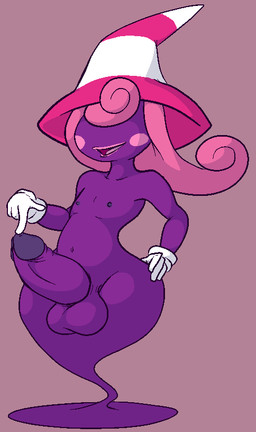 balls clothing erection genitals glans gloves hair handwear hat hat_only headgear headgear_only headwear headwear_only humanoid_genitalia humanoid_penis legless lips male mostly_nude navel nipples not_furry penis pink_hair pointy_hat pose purple_body shadow simple_background smile solo white_clothing white_gloves white_handwear wide_hips aintsmart mario_bros nintendo paper_mario vivian_(mario) ghost humanoid shadow_siren spirit 2012 aliasing digital_media_(artwork) pinup