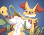 ambiguous_gender annoyed anthro areola bellsprout big_areola big_breasts bodily_fluids breasts canid cooliehigh delphox duo female female/ambiguous fur generation_1_pokemon generation_6_pokemon hi_res huge_breasts mammal nintendo nipples pokemon pokemon_(species) puffy_areola sweat tentacles yellow_body yellow_fur
