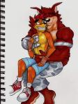 3:4 4_fingers activision anthro arm_tuft arody bandicoot barefoot biceps big_biceps big_muscles black_claws black_eyebrows black_nose blue_clothing bottomwear chin_tuft claws clothed clothing colored crash_bandicoot crash_bandicoot_(series) crunch_bandicoot digitigrade duo embrace eyebrows eyes_closed facial_tuft feet fingers footwear fur gloves grey_clothing hair handwear head_tuft hi_res huge_muscles humanoid_hands male male/male mammal manly marsupial multicolored_body multicolored_fur muscular no_pupils on_lap orange_body orange_fur pants pecs red_body red_fur red_hair shoes shorts simple_background sitting sitting_on_lap size_difference slim smile snout teeth toony topless traditional_media_(artwork) tuft two_tone_body two_tone_fur white_background yellow_body yellow_fur