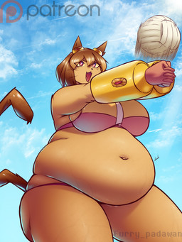 :3 anthro armor ball belly belly_overhang big_belly big_breasts bikini breasts brown_body brown_hair butt clothed clothing day eyewear eyewear_on_head female gauntlets gloves goggles goggles_on_head hair handwear love_handles low-angle_view navel one_fang open_mouth open_smile outside overweight overweight_anthro overweight_female red_eyes shirt_hair side_boob sky smile solo sport squish standing swimwear tail text thick_thighs two-piece_swimsuit volleyball volleyball_(ball) whiskers wide_hips yellow_sclera wolf_jedi65 gameoverse glitch_productions patreon kit_bodega domestic_cat felid feline felis mammal 2026 3:4 absurd_res artist_name digital_media_(artwork) hi_res signature watermark
