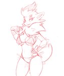 anthro anthrofied bikini bikini_pull breasts clothing clothing_pull eyelashes female looking_at_viewer simple_background solo swimwear swimwear_pull two-piece_swimsuit stormclad nintendo pokemon canid canine fox generation_5_pokemon mammal pokemon_(species) zorua absurd_res hi_res monochrome red_and_white sketch