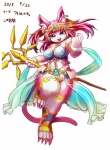 anthro armor barefoot biped breasts chain claws clothed clothing ear_piercing feet female hat headgear headwear legwear piercing shirt_cuffs simple_background skimpy solo staff text white_background ni_jikan domestic_cat felid feline felis mammal japanese_text signature translated