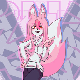 anthro female fur gesture hair hand_gesture pink_body pink_fur pink_hair pointing pose red_eyes smile solo white_body white_fur spin_your_sin brand_new_animal studio_trigger nazuna_hiwatashi canid canine fox mammal absurd_res hi_res