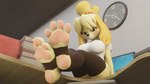 16:9 3d_(artwork) 4_toes animal_crossing anthro blush breasts canid canine canis clothing digital_media_(artwork) domestic_dog feet female foot_focus hi_res isabelle_(animal_crossing) mammal nintendo pawpads shih_tzu shirt sitting sitting_on_desk solo stirrup_stockings toes topwear toy_dog twintails3d widescreen