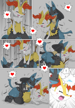 anthro anus balls black_body black_fur blue_body blue_fur blush bodily_fluids cum duo erection exclamation_point eyes_closed female female_penetrated fur genital_fluids genitals heart_symbol humanoid_genitalia humanoid_penis imminent_orgasm inner_ear_fluff interspecies lying male male/female male_penetrating male_penetrating_female one_eye_closed open_mouth orgasm penetration penile penile_penetration penis penis_in_vagina red_eyes sex sitting sweat text tongue tongue_out tuft vaginal vaginal_penetration yellow_body yellow_fur winick-lim nintendo pokemon braixen canid canine generation_4_pokemon generation_6_pokemon lucario mammal pokemon_(species) 2015 comic hi_res