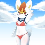 anthro bikini biped blue_body blue_fur bottomwear breasts clothing cloud female fur medium_breasts multicolored_body multicolored_fur red_body red_eyes short_tail smile solo swimwear tail topwear two-piece_swimsuit white_body white_fur white_tail yellow_body sum nintendo pokemon cinderace generation_8_pokemon pokemon_(species) 1:1 2024 colored digital_media_(artwork) hi_res