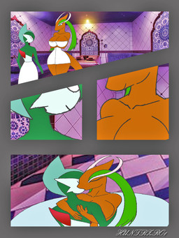 anthro duo female humanoid_on_anthro male male/female hunterzroone nintendo pokemon dork_the_gallade fan_character tea_the_milotic gallade generation_3_pokemon generation_4_pokemon humanoid milotic pokemon_(species) 3:4 absurd_res hi_res