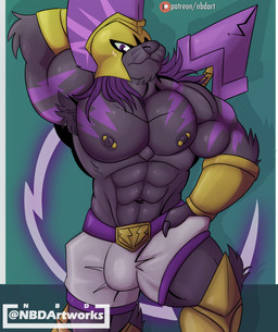 abs anthro armor biceps black_body black_fur bottomwear bulge clothing fur headgear helmet male muscular muscular_anthro muscular_male nipple_piercing nipples pecs piercing purple_eyes shorts solo naughtybigdog bandai_namco digimon achillesmon digimon_(species) felid mammal pantherine hi_res