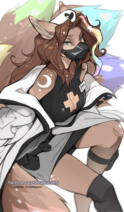 anthro biped bottomwear breasts clothed clothed_anthro clothed_female clothing female footwear front_view fully_clothed fully_clothed_anthro fully_clothed_female fur hair looking_at_viewer mask sitting socks spots tail topwear shermugi canid canine fox mammal 2026 absurd_res digital_drawing_(artwork) digital_media_(artwork) hi_res