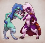 clothing duo hadnshake smile standing mendobear nintendo pokemon fan_character generation_7_pokemon lycanroc pokemon_(species) full-length_portrait portrait shaded