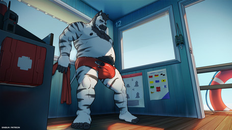 anthro beard belly black_body black_fur black_hair black_penis body_hair bulge chest_hair clothed clothing detailed_background facial_hair fur genitals hair lifeguard male male_anthro musclegut muscular muscular_anthro muscular_male overweight overweight_anthro overweight_male penis solo standing striped_body striped_fur stripes topless topless_anthro topless_male wardrobe_malfunction white_body white_fur sinibun_95 gray_(averagezebraboy) equid equine mammal zebra 2022 hi_res