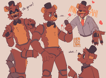 >_< anthro biped black_sclera brown_body brown_fur eyes_closed fingers fur green_eyes machine male slim_anthro slim_male solo standing white_eyes hemuchang five_nights_at_freddy's scottgames freddy_(fnaf) animatronic bear mammal robot 2021 digital_media_(artwork) hi_res