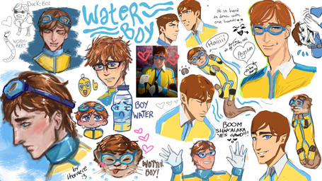 alternate_species anthro beak bodily_fluids bottle brown_body brown_fur brown_hair clothed clothing container eyes_closed eyewear feathers feral freckles fur furgonomics glasses goggles hair heart_symbol licking licking_lips male smile solo speech_bubble superhero superhero_costume sweat sweatdrop text tongue tongue_out toony water_bottle whiskers amazing2519 lhoraece_kira qrts_rrico zstoomang0 dispatch nerd_emoji_(meme) robert_robertson_(dispatch) waterboy_(dispatch) anatid animate_inanimate anseriform avian bird duck human mammal mustelid otter worm 16:9 artist_collaboration english_text headshot_portrait hi_res portrait widescreen