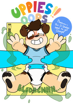 anthro clothed clothing diaper happy male smile solo speech_bubble stink_fumes stink_lines text topwear unclean_diaper uppies used_diaper wearing_diaper young young_anthro conditional_dnp scoty_doodlerz canid canine mammal hi_res
