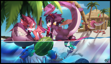 ambiguous_gender anthro beach cloud eyewear food forked_tongue fruit glowing group kemono melon outside palm_tree plant popsicle seaside sky surfboard tail tongue tree vehicle water watercraft watermelon young rudragon mythology mako_(rudragon) ru_(rudragon) ambient_arthropod ambient_crab ambient_crustacean ambient_sealife aquatic avian bird dragon fish mammal mythological_creature mythological_scalie rodent scalie sciurid shark tree_squirrel absurd_res hi_res
