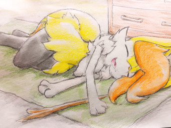 ambiguous_anthro ambiguous_gender anthro biped detailed_background digitigrade dipstick_tail fluffy inside lying markings on_side open_mouth open_smile sleeping smile snout solo stick tail tail_markings tongue eiroru nintendo pokemon braixen canid generation_6_pokemon mammal pokemon_(species) 2018 4:3 colored_pencil_(artwork) colored_sketch full-length_portrait graphite_(artwork) hi_res portrait sketch traditional_media_(artwork)