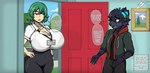 anthro big_breasts black_body bottomwear breasts cameo clothing duo female green_hair grey_eyes hair huge_breasts jacket male pants profanity shirt text topwear zak_hitsuji family_guy touhou yuuka_kazami zak_(zak_hitsuji) canid canine canis human mammal wolf english_text hi_res meme