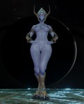 armor blue_body blue_eyes blue_skin boots breasts clothing cosmic_background digitigrade female footwear gauntlets genitals gloves hands_on_hips handwear headgear helmet looking_at_viewer mostly_nude mouthless navel nipples noseless pussy shoes solo space standing starry_background wide_hips lorded blizzard_entertainment starcraft selendis_(starcraft) alien alien_humanoid humanoid protoss featureless_(disambiguation) 3d_(artwork) absurd_res digital_media_(artwork) hi_res