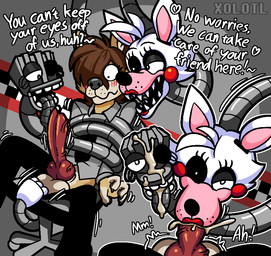 2_heads 3_fingers ambiguous_gender animal_genitalia anthro balls bodily_fluids brown_body canon_x_oc cum cum_in_mouth cum_inside cumshot_on_face ejaculation eyelashes fellatio fingers fur genital_fluids genitals knot knotted_penis licking machine male multi_head oral penile penis penis_lick sex teeth teeth_showing text tongue trapped tuft white_body white_fur wrapped_arms wrapped_up xolotl_59 five_nights_at_freddy's five_nights_at_freddy's_2 five_nights_at_frickbear's_(series) five_nights_at_frickbear's_2 five_nights_at_frickbear's_3 scottgames alejandro_(xolotl_59) mangle_(fnaf) mangle_(frickbear's) animatronic canid canine canis mammal robot robot_anthro wolf 2026 digital_drawing_(artwork) digital_media_(artwork) english_text