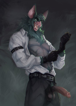 anthro ball_tuft balls belt bodily_fluids bottomwear clothed clothing erection fangs fur genital_fluids genitals gloves handwear humanoid_genitalia humanoid_penis male open_clothing open_shirt open_topwear pants penis pubes shirt solo standing teeth topwear tuft chillingsmite dispatch sonar_(dispatch) digital_drawing_(artwork) digital_media_(artwork) hi_res