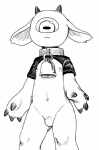 1_eye :< anthro bell bell_collar black_and_white bottomless bovid bulge caprine clothed clothing collar crop_top featureless_crotch fingers front_view goat hooved_fingers hooves horn kigoh-neko male mammal medama_yagi monochrome navel nipples shirt solo standing topwear