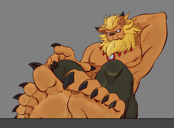 5_fingers 5_toes anthro barefoot black_bottomwear black_claws black_clothing black_nose black_pants blonde_mane bottomwear claws clothed clothing curling_toes feet finger_claws fingers foot_focus gesture grey_background hand_gesture humanoid_feet humanoid_hands looking_down male mane muscular muscular_anthro muscular_male nipples pants plantigrade pointing pointy_ears prick_ears simple_background soles solo toe_claws toes topless topless_anthro topless_male jl55515 joeleo55515 bandai_namco digimon digimon_(species) leomon 2023 hi_res