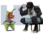 anthro breasts butt_jiggle canid canine canis dumbbell duo exercise female goblin humanoid jiggling larger_male male mammal muscular muscular_male redfred short_stack size_difference smaller_female stretching thick_thighs weightlifting weights wolf workout