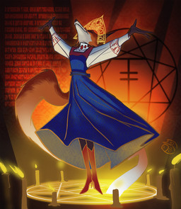 anthro biped black_nose blue_clothing blue_dress boots candle clothed clothing dress eyes_closed female folk_clothes footwear fur headdress high_heeled_boots high_heels kokoshnik magic_user orange_body orange_fur raised_arms raised_chin raised_face red_boots red_clothing red_footwear ritual ritual_circle shoes solo tail text witch sir_paulus lisabeth_(lord_paulus) canid canine fox mammal 2024 cyrillic_text english_description hi_res