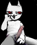 anthro big_penis black_background clothing erection fur genitals holding_penis humanoid_genitalia humanoid_penis male penis red_eyes shirt simple_background smug_face solo toony topwear white_body white_clothing white_fur white_shirt white_topwear unknown_artist domestic_cat felid feline felis mammal portrait three-quarter_portrait