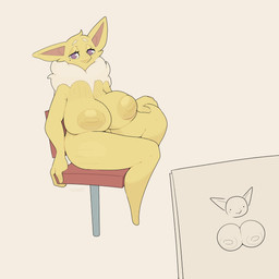 anthro areola big_breasts blush blush_lines breasts chair eyelashes featureless_feet feet female fur furniture huge_breasts looking_at_viewer mole_under_eye neck_tuft nipples nude purple_eyes sitting solo thick_thighs tuft white_body white_fur wide_hips yellow_areola yellow_body yellow_fur yellow_nipples trapagon_(artist) nintendo pokemon lepsi_(trapagon) generation_1_pokemon hypno_(pokemon) pokemon_(species) 1:1 absurd_res hi_res