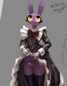 anthro blush bow_tie clothing embarrassed eyeliner genitals gloves handwear legwear maid_uniform makeup male penis presenting presenting_penis rabbit_ears solo tights uniform yellow_sclera 3iiartz glitch_productions the_amazing_digital_circus jax_(tadc) lagomorph leporid mammal rabbit hi_res sketch