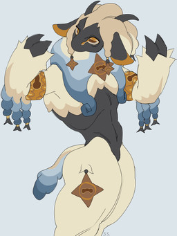 2_horns accessory ambiguous_gender anthro bell braided_fur floppy_ears fur hooves horizontal_pupils horn multicolored_body multicolored_fur pupils simple_background small_waist solo standing tail white_body white_fur white_wool wool_(fur) yellow_eyes azazelazzy creatures_of_sonaria roblox bovid caprine mammal orneep sheep 3:4 hi_res female_(lore)