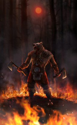5_fingers anthro axe brown_hair clothed clothing fingers fire forest hair holding_object holding_weapon male melee_weapon open_mouth plant solo teeth tongue tree weapon wolnir bear mammal 2019 hi_res