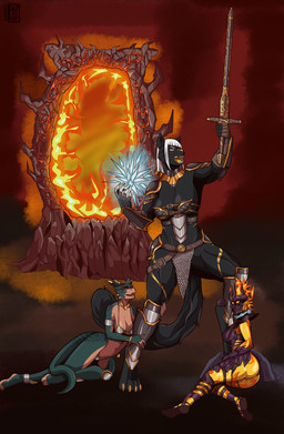anthro armor belt bottomwear breasts butt clothing collar female female/female fire fur fur_markings group heroic_pose loincloth lying magic markings melee_weapon muscular muscular_female on_side open_mouth outside portal raised_arm size_difference standing sword teeth trio unconvincing_armor weapon pululon bethesda_game_studios microsoft oblivion the_elder_scrolls ashra-nour dar-ma argonian felid feline flame_atronach mammal scalie absurd_res hi_res