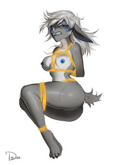 4_toes angry anthro arms_tied bat_ears bat_nose bdsm blue_blush blue_eyes blue_nipples blue_vulva blush bondage bound breasts claws clenched_teeth ears_down feet female fur gag genitals glowing grey_body grey_fur hair hands_behind_back legs_tied legs_together long_ears lying nipples nude on_side pasties pivoted_ears ponytail restraints rope rope_bondage rope_harness short_tail simple_background solo tail teeth toes vulva white_background white_hair tyo_dem iselle_(snubby) bat mammal 3:4 absurd_res colored digital_drawing_(artwork) digital_media_(artwork) full-length_portrait hi_res portrait signature