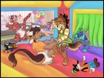 anthro birthday_party bounce_house bouncing clean_diaper clothed clothing diaper diaper_only diaper_squish female giggling group jumping male party topless young basilchee mythology penny_(pennydawffles) starbuck toby_(toby_tiger) canid canine dragon equid equine felid mammal mythological_creature mythological_scalie pantherine scalie tiger hi_res