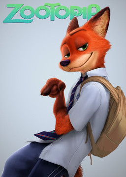 anthro backpack clothed clothing fur gesture green_eyes hand_gesture male necktie pointing school_uniform simple_background solo uniform uleezoo disney zootopia nick_wilde canid canine fox mammal hi_res