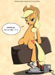 2012 accessory applejack_(mlp) asking asking_viewer barefoot bedroom_eyes blonde_hair blush bodily_fluids clitoral_hood clitoris clothing cowboy_hat cutie_mark dialogue earth_pony emoticon english_text equid equine eyebrows eyelashes feet female feral fluffy fluffy_tail foxychris freckles friendship_is_magic fur furgonomics genital_fluids genitals green_eyes grinding hair hair_accessory hairband half-closed_eyes hasbro hat hat_only headgear headgear_only headwear headwear_only hooves horse humanoid_genitalia humanoid_pussy ineffective_clothing inviting long_hair long_tail looking_at_viewer mammal mechanical_bull mostly_nude multicolored_pussy my_little_pony narrowed_eyes open_mouth open_smile orange_background orange_body orange_fur orange_theme pink_inner_pussy pink_pussy plump_labia pony pussy question raised_eyebrow red_tongue riding rubbing saddle seductive shadow simple_background sitting slim smile snout solo speech_bubble spread_legs spreading straddling tail tail_accessory tailband talking_to_viewer text tongue two_tone_pussy vaginal vaginal_fluids wink_emoticon yellow_tail yes-no_question