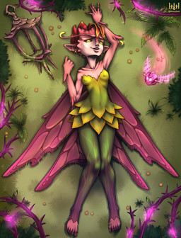 antennae_(anatomy) barefoot breasts clothing dress ear_piercing eyelashes feet female freckled_face freckles green_clothing green_dress green_legwear green_tights insect_wings legwear lepidopteran_wings looking_at_viewer lying navel_outline nipple_outline on_back piercing pink_body pink_wings small_breasts smile solo thick_thighs tights wide_hips wings yellow_eyes nixonison dota valve valve_corporation mireska_sunbreeze_the_dark_willow fairy humanoid winged_humanoid hi_res