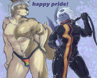 anthro black_nose brown_body brown_fur brown_nose bulge clothing collar duo eyes_closed fur grey_body grey_hair hair hand_on_hip humanoid_hands jockstrap latex latex_clothing latex_skinsuit leash leash_pull leashed_collar long_hair male progress_pride_colors rubber_pride_colors skinsuit smile tan_body tan_fur text tight_clothing underwear wearing_collar dddiago nintendo pokemon diago_(dddiago) ellis_(dddiago) fan_character absol canid canine canis coyote generation_3_pokemon mammal pokemon_(species) 2025 digital_drawing_(artwork) digital_media_(artwork) english_description english_text hi_res