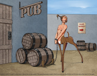 adolescent bare_breasts bare_chest barrel bdsm bondage bound breasts brown_hair collarbone cuff_(restraint) detailed_background dialogue directional_arrow door female gag green_eyes hair hooves in_heat looking_back monster_girl_(genre) nipples nude outside ponytail poster raised_tail restrained restraints shackled shackles slave small_breasts solo spread_legs spreading standing submissive submissive_female tail text whip_mark wide_eyed young diamondarrow third-party_edit cervine cervine_taur deer deer_taur mammal mammal_taur taur english_text