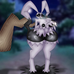 anthro big_breasts big_butt breasts butt button_(fastener) clothing eyelashes female glistening glistening_body huge_breasts huge_butt lips lipstick long_ears long_eyelashes makeup solo steam steamy_breath thick_thighs tight_clothing wide_hips passiona_roo nintendo pokemon generation_7_pokemon mimikyu pokemon_(species) hi_res